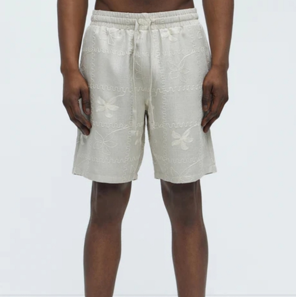Beige Embroidered Men's Shorts